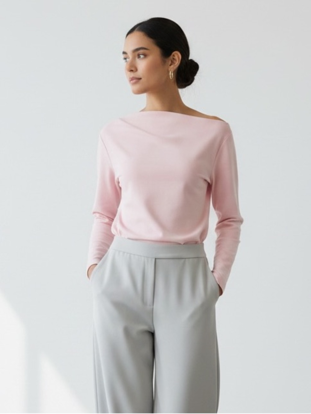 1577 • Petal Pink Asymmetric Cotton Blend Scuba Long Sleeve Pleat Shoulder Top